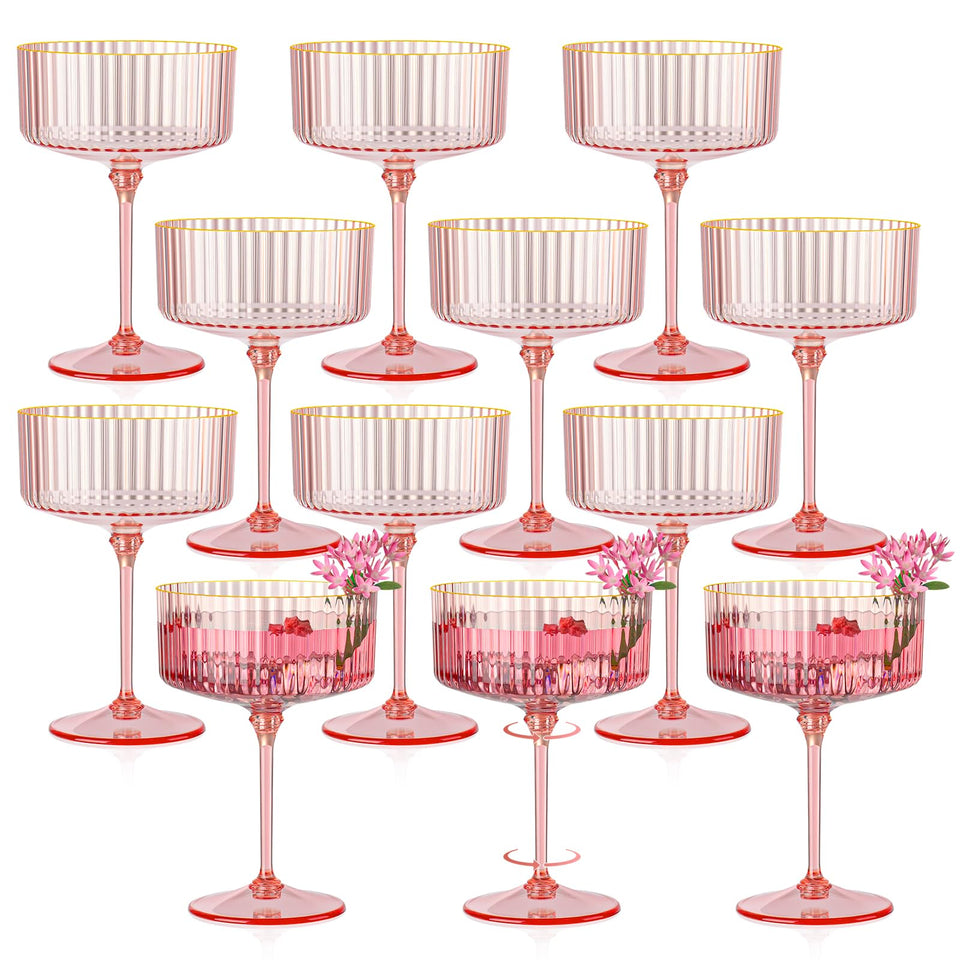 HKSZEH pink ribbed coupe glasses in a 12-piece set for stylish parties