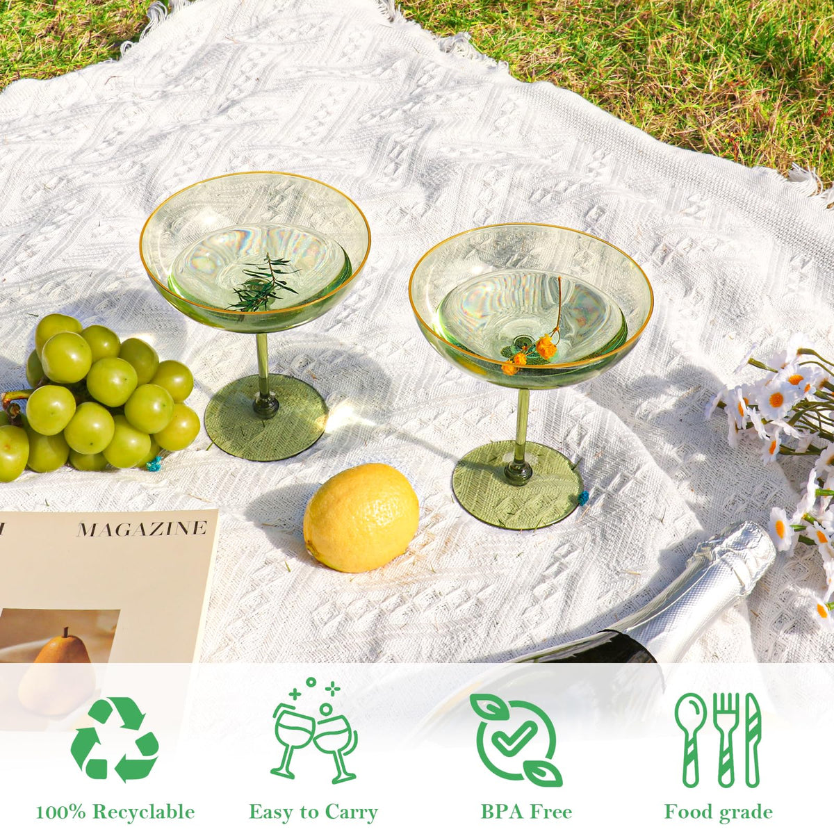 HKSZEH sage-green gold-rim glasses add elegant flair to cocktails and desserts.