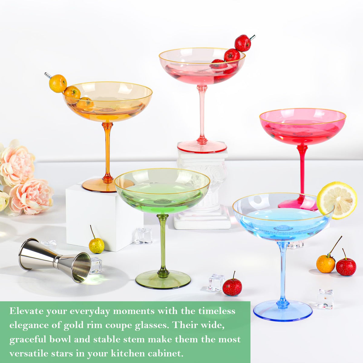 Versatile serving cups for cocktails, champagne, desserts, and festive treats.