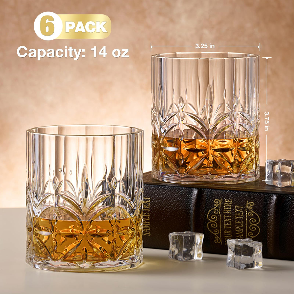 Hlukana clear plastic old-fashion glasses, 14oz capacity for cocktails and casual gatherings.