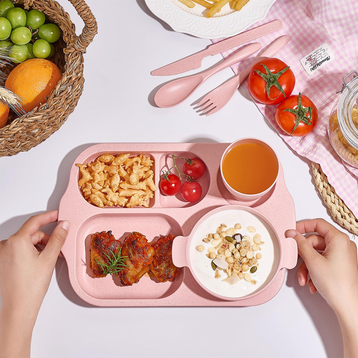 Hlukana color options—pink, beige, green, blue—for versatile family meals.