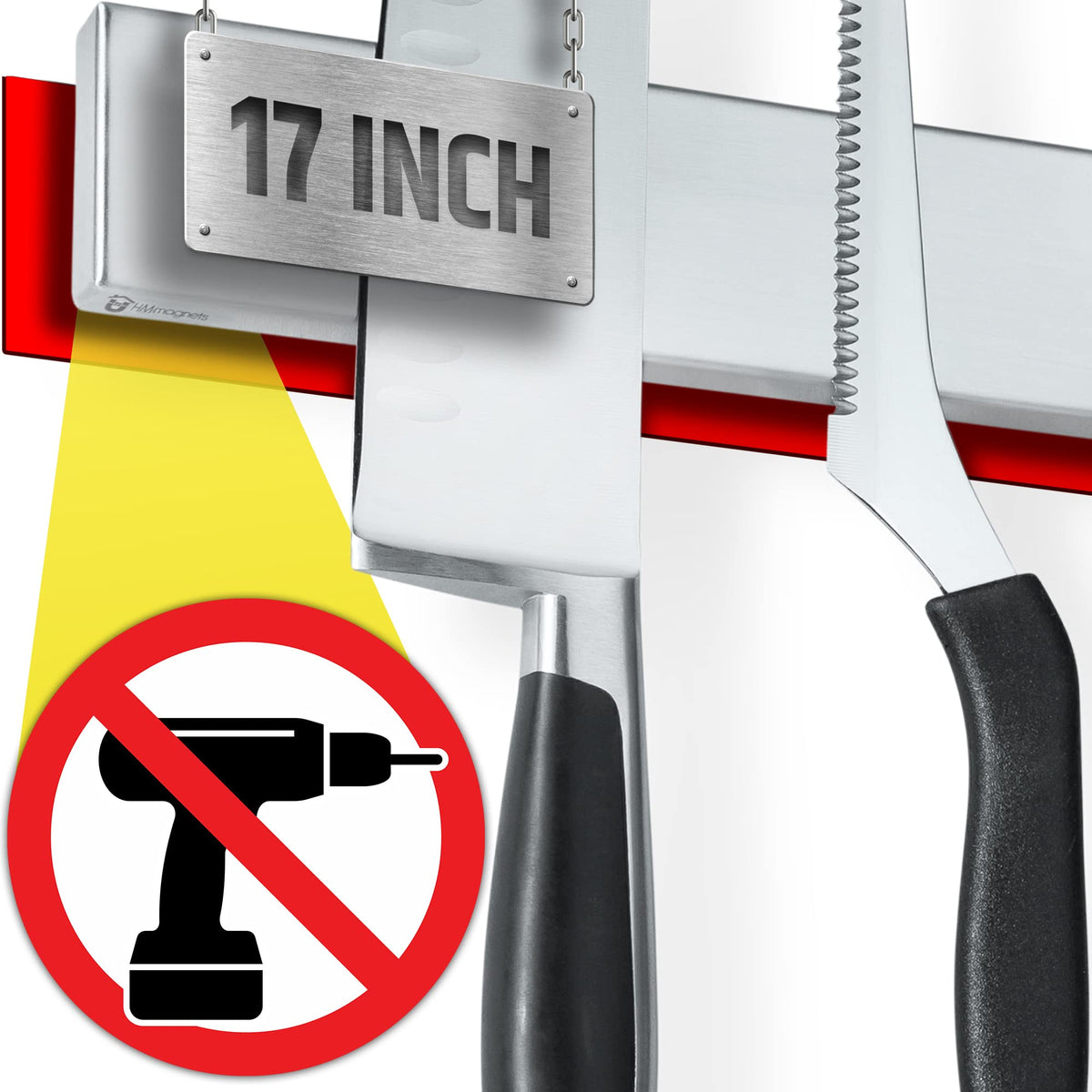 HMmagnets 17-inch adhesive knife strip for no-drill wall mounting.