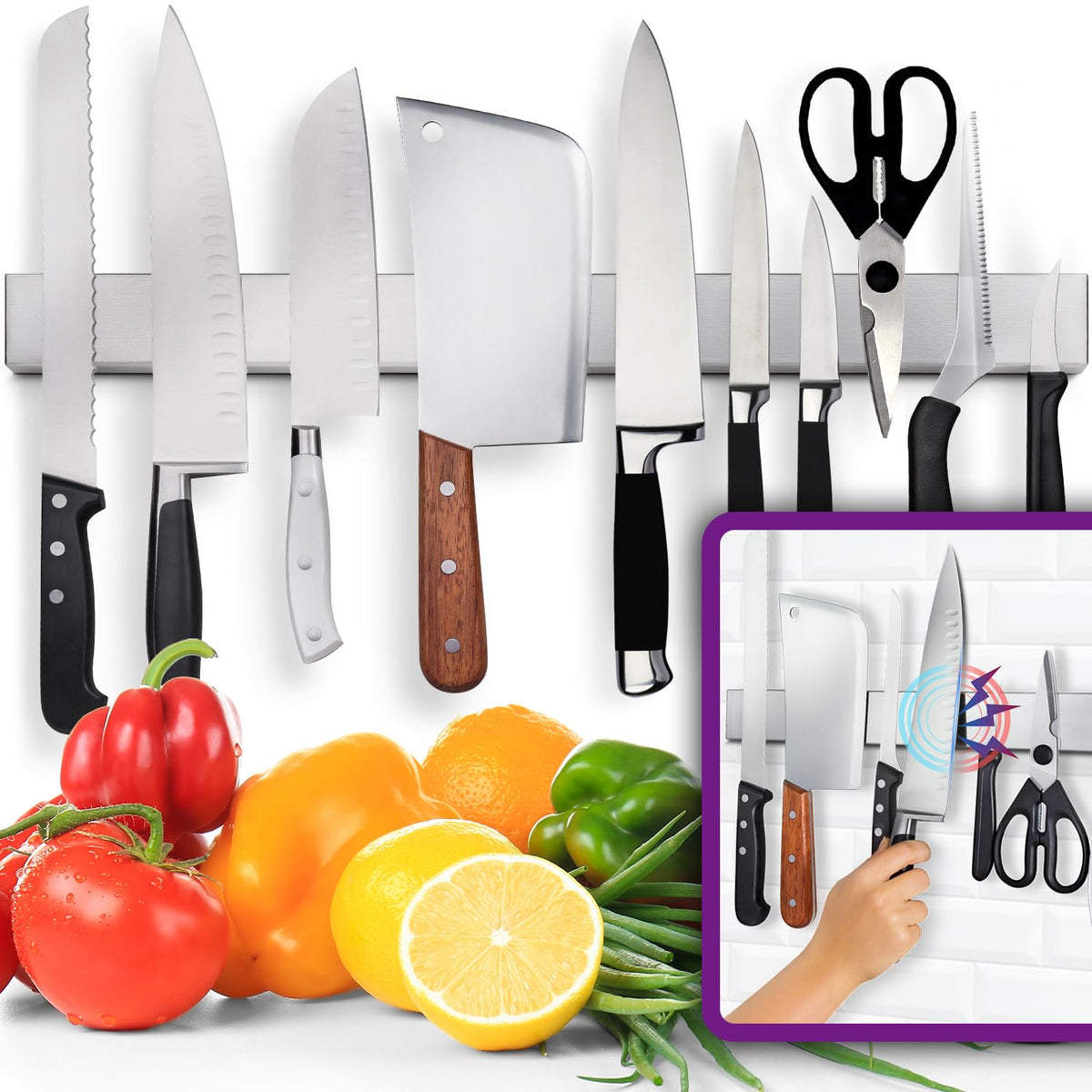 HMmagnets 24-inch knife strip with strong magnets securely holds chef knives.