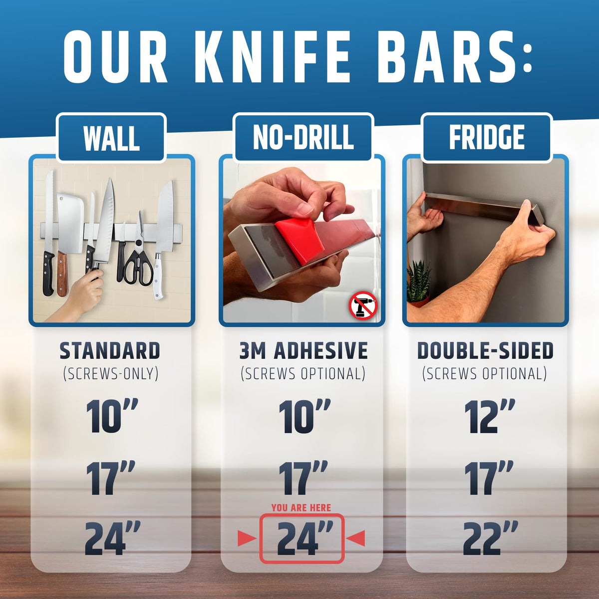 HMmagnets adhesive-back knife strip close-up shows strong magnets securing kitchen knives.