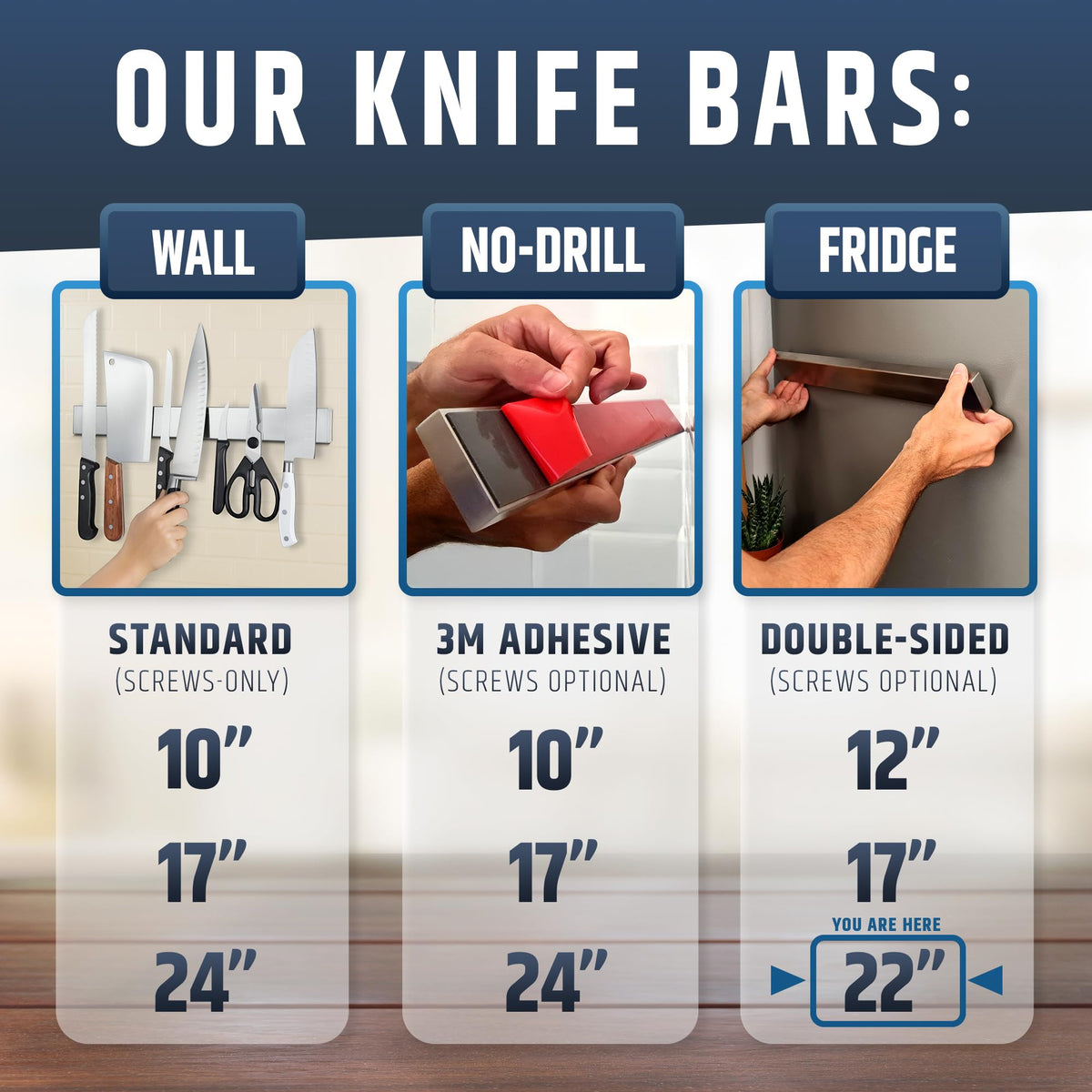 HMmagnets double-sided magnets knife bar securely holds a full set.
