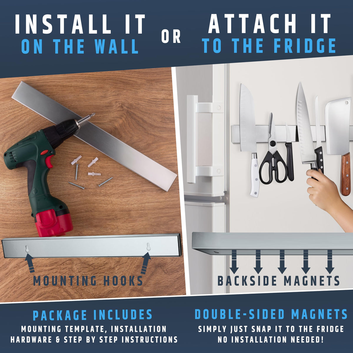 HMmagnets easy no-drill installation on fridge or wall.
