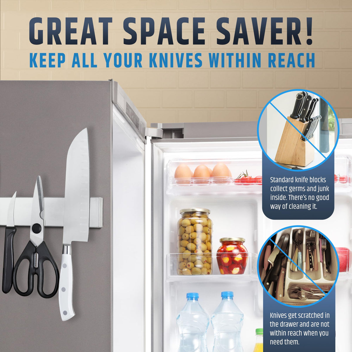 HMmagnets knife organizer frees counter space in busy kitchens.