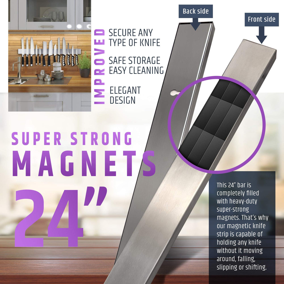 HMmagnets powerful magnets provide even hold across the entire bar.