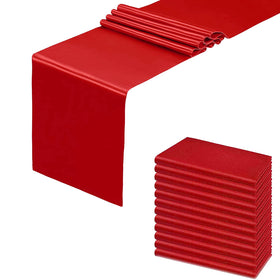 HMQIANG red satin table runner with scalloped edges for elegant event decor.