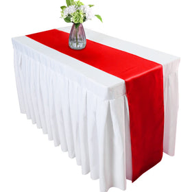 HMQIANG Christmas dinner table setup with red satin runners.
