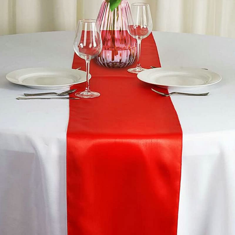HMQIANG red satin runner measuring 108 inches long for banquet tables.
