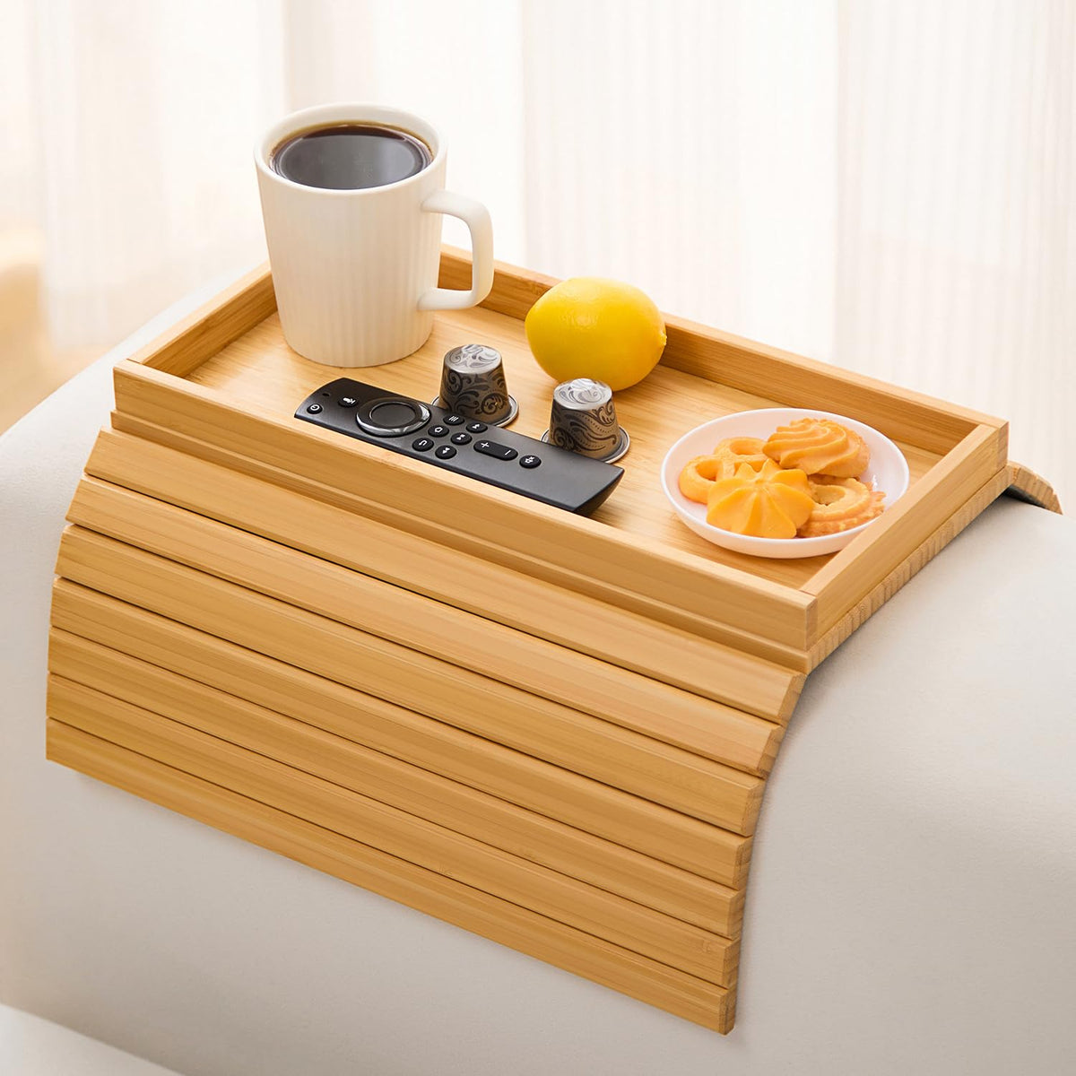 HNLISA bamboo tray with anti slip pad secures cups on armrest