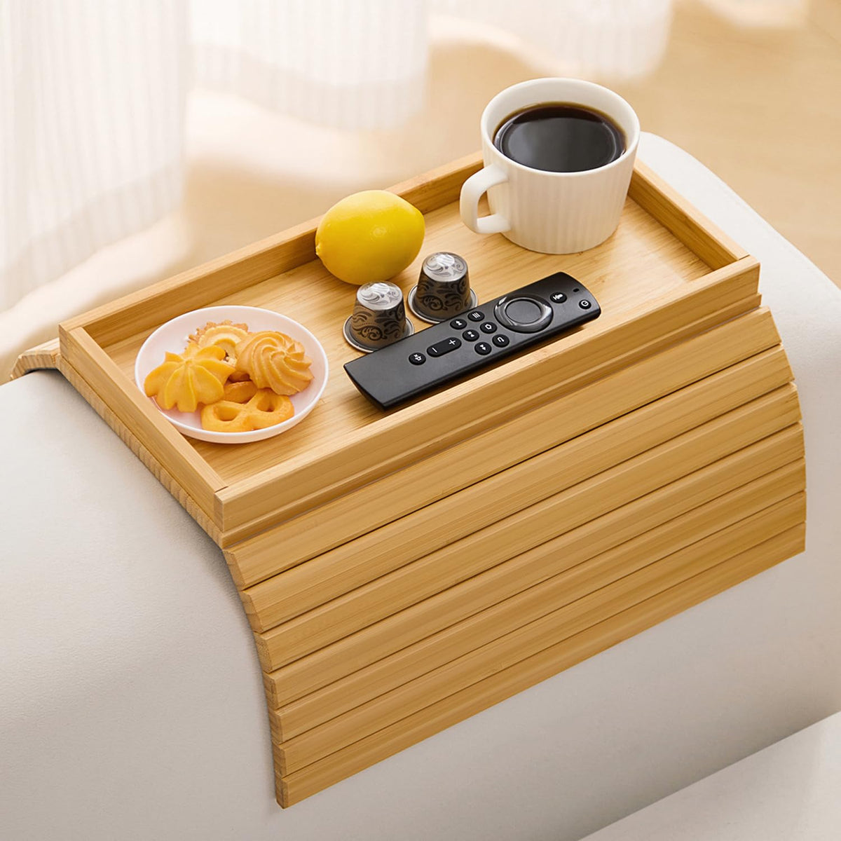 HNLISA bamboo couch arm tray table foldable design shown on sofa arm for easy storage