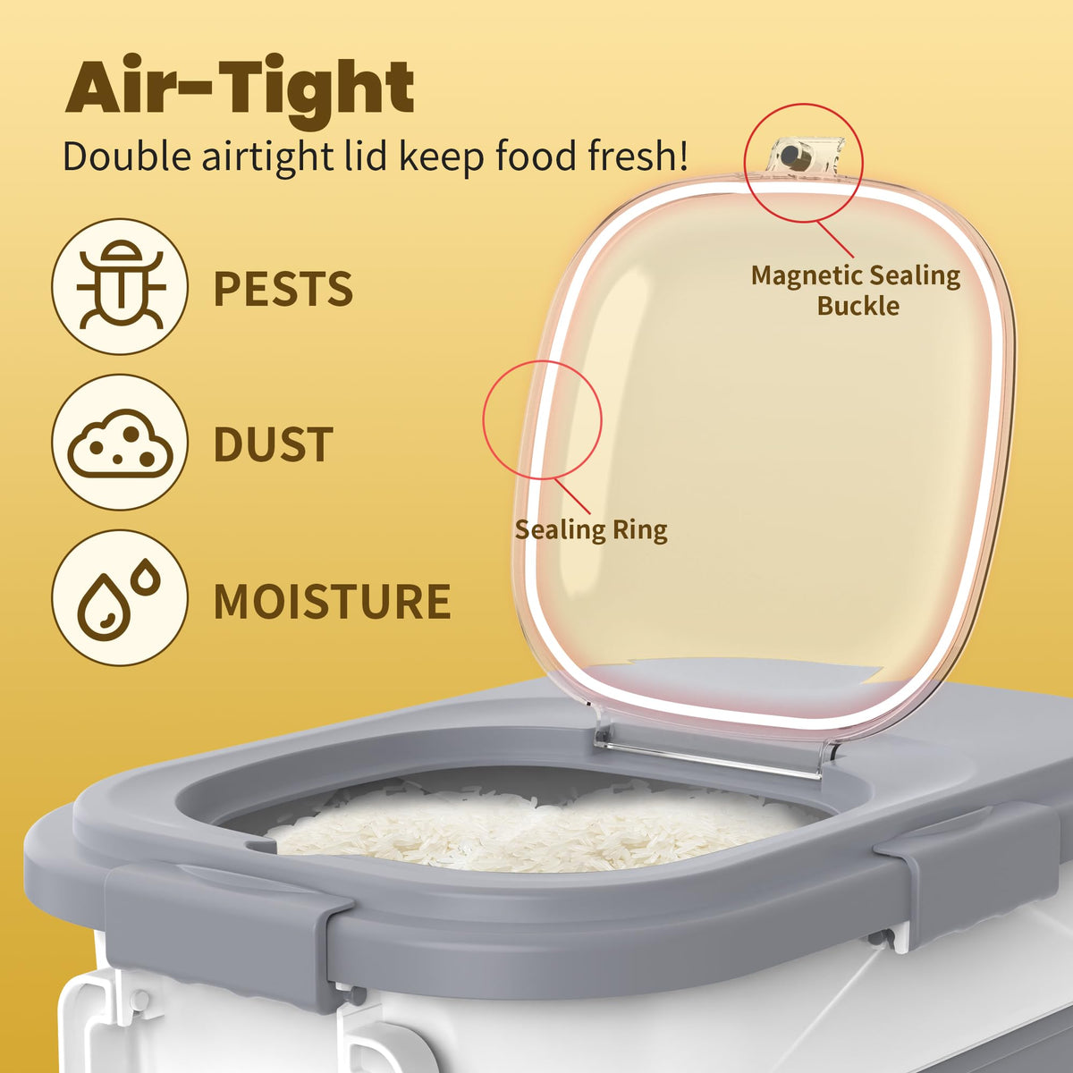 HOYTAMDAR double-seal lid closes tightly to protect dry goods from moisture