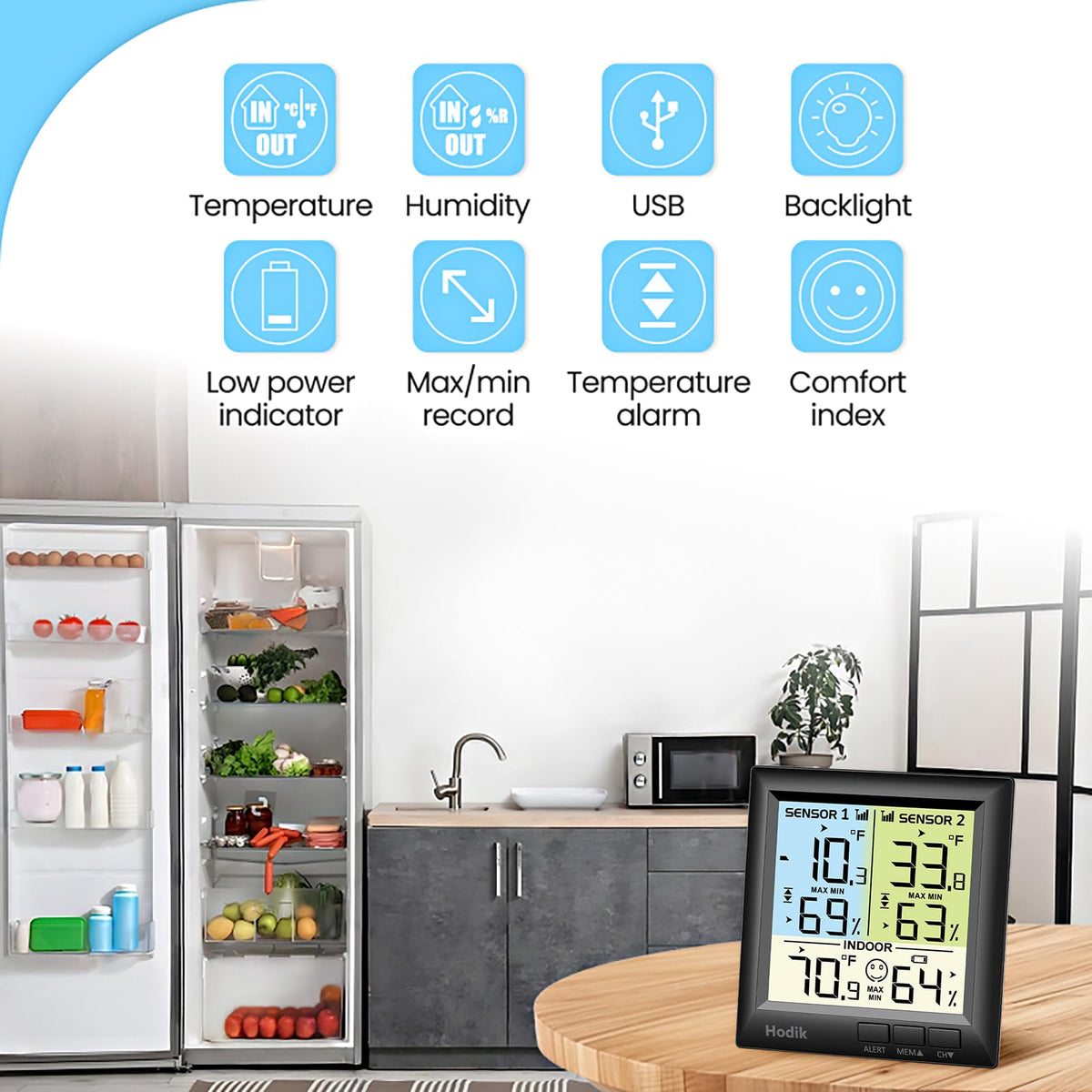 Fridge and freezer use shown for reliable kitchen monitoring.