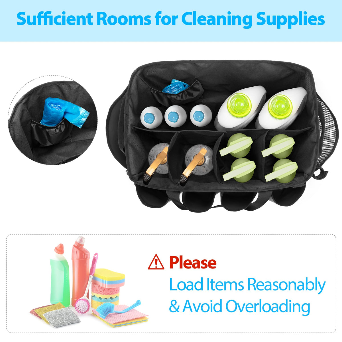 HODRANT extra-large cleaning caddy front pockets store bottles and brushes within reach