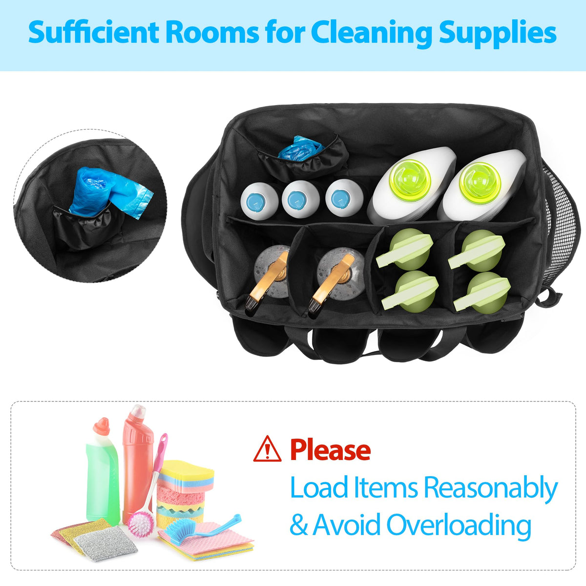 HODRANT extra-large cleaning caddy front pockets keep bottles and tools within easy reach.
