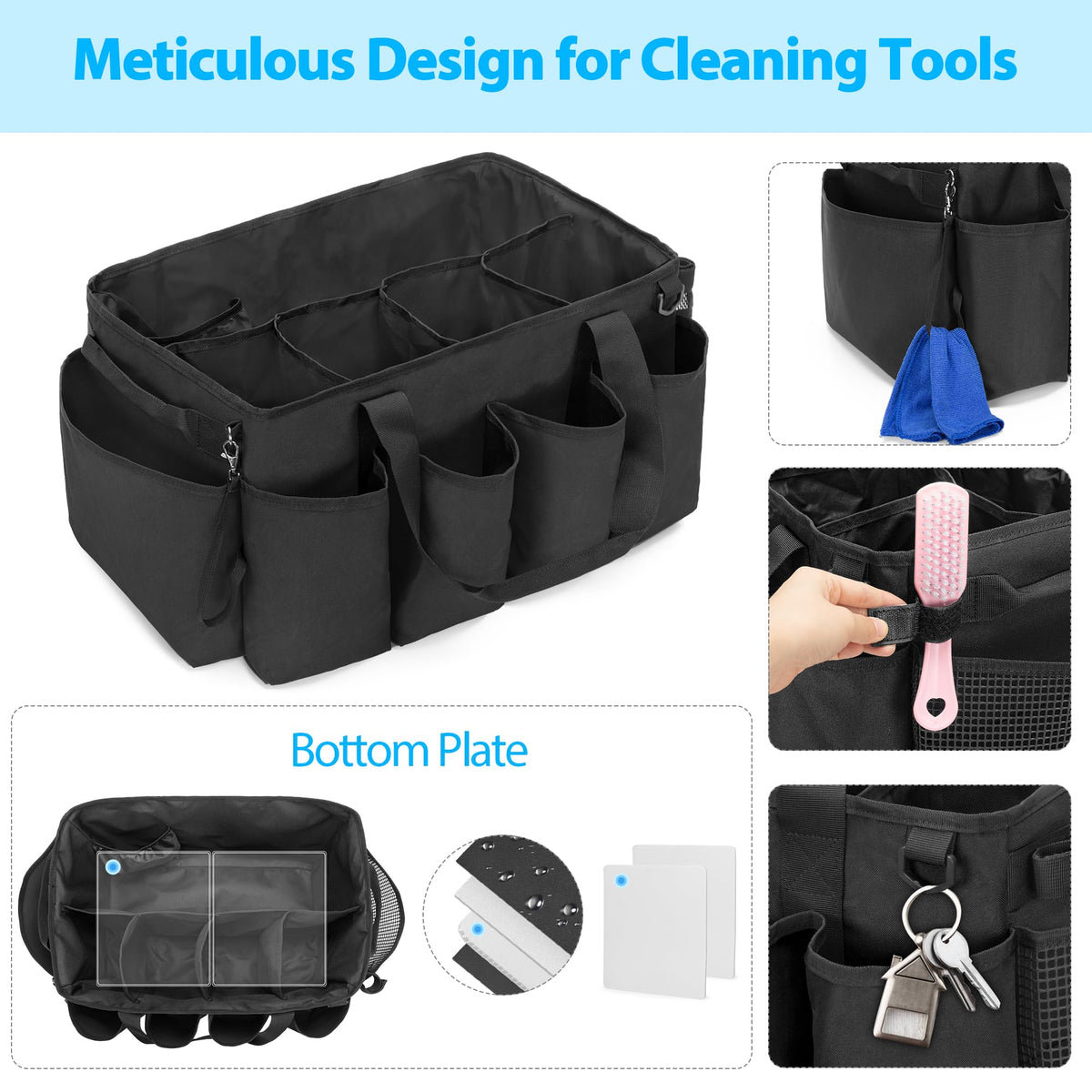 HODRANT extra-large cleaning caddy left pocket holds tools for quick access.