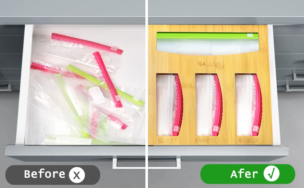 Hoeapzl four-slot organizer stores gallon, quart, sandwich, and snack bags.