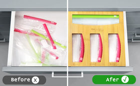 Hoeapzl four-slot organizer stores gallon, quart, sandwich, and snack bags.