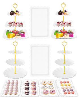 Hoedia dessert table stand set with four 3-tier cupcake towers for elegant party displays.