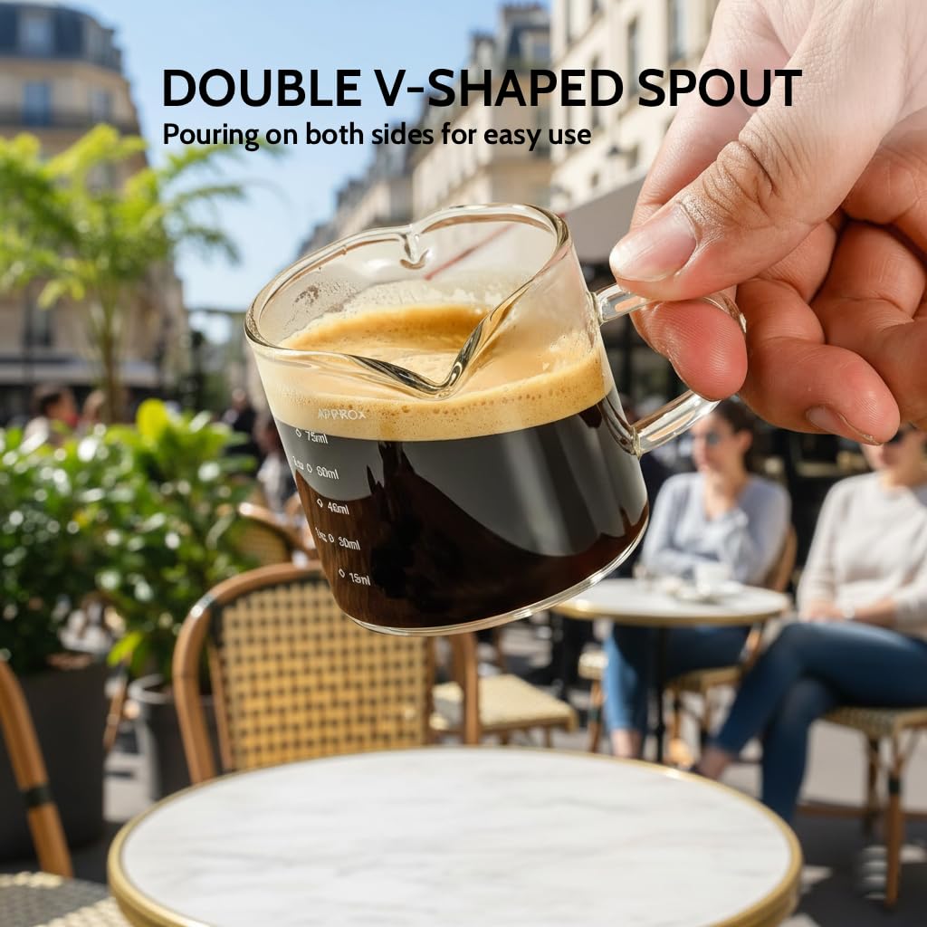 HoejuyVu 4 oz glass cups with cool-handles for comfortable pouring.