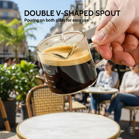 HoejuyVu 4 oz glass cups with cool-handles for comfortable pouring.