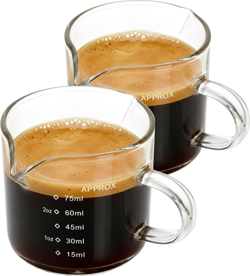 HoejuyVu espresso shot cups with dual spouts for drip-free pouring.