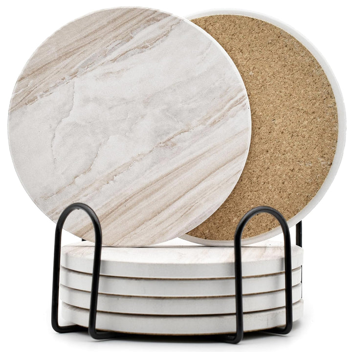 Hoewina marble-style coasters with holder protect surfaces and absorb moisture.