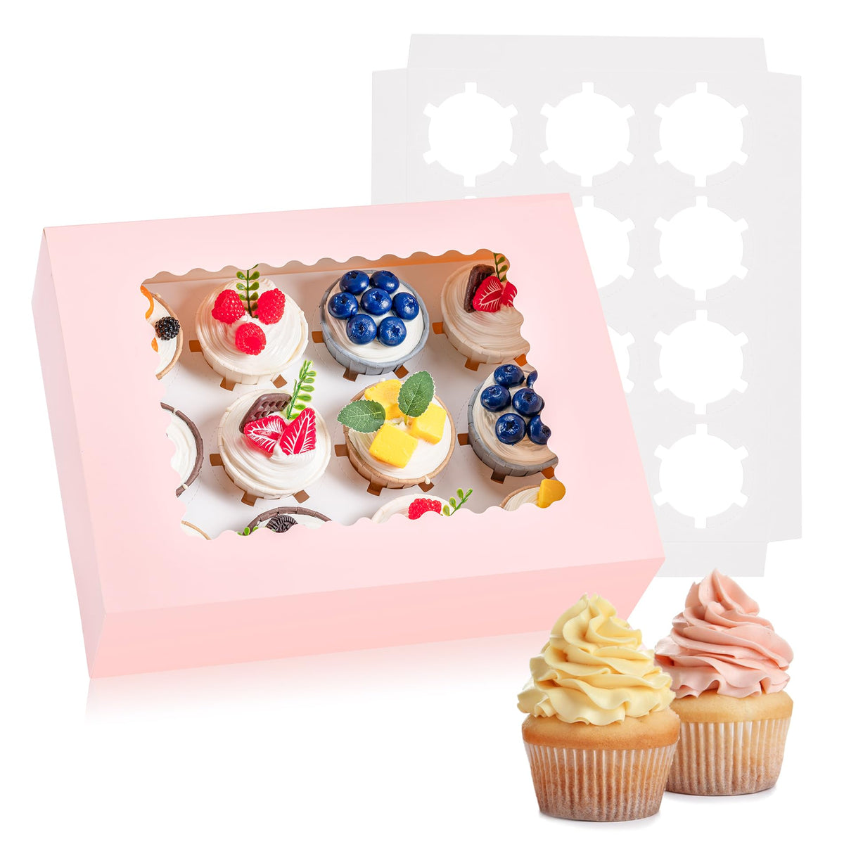 Hoewina 6Pcs Cupcake Boxes with Window showcase decorated cupcakes during transport.