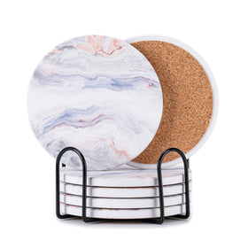 Hoewina marble-style coaster set protects tables from condensation.