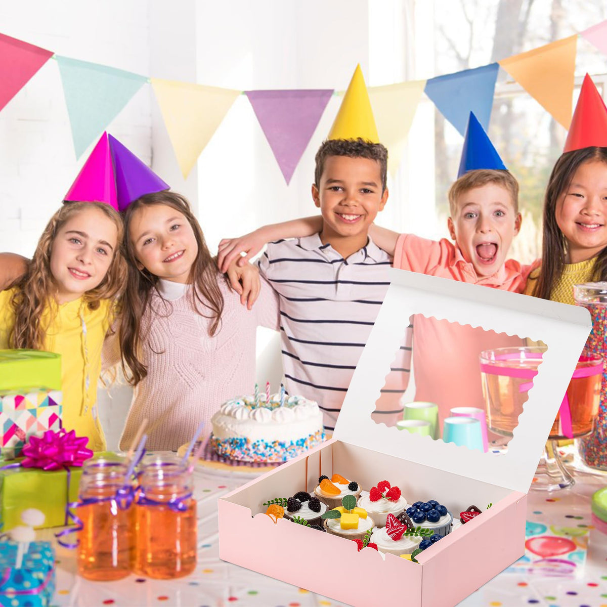 Hoewina presentation packaging enhances gift giving with stylish pink cupcake boxes.
