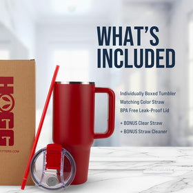 Hogg Big Swig 40 oz tumbler with black rubber bottom for stability.