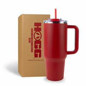 Hogg Big Swig 40 oz tumbler with handle in red, sturdy grip for all-day hydration.