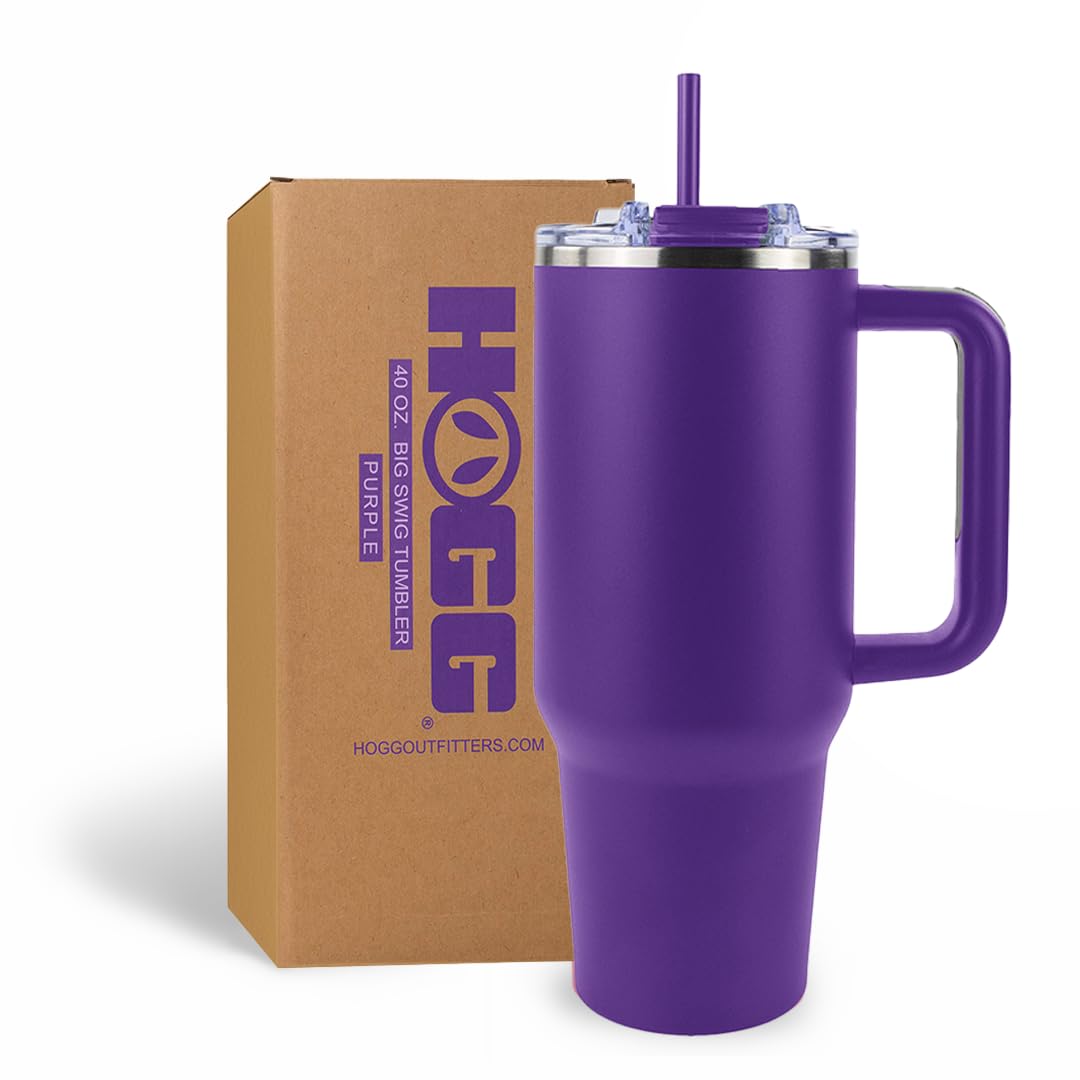 Hogg Big Swig 40oz tumbler with handle and straw in purple, ideal for on-the-go hydration