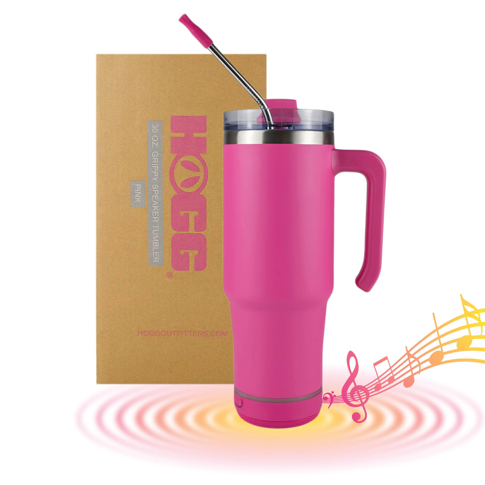 Hogg Grippy pink Bluetooth tumbler front view with built-in speaker for on-the-go listening.