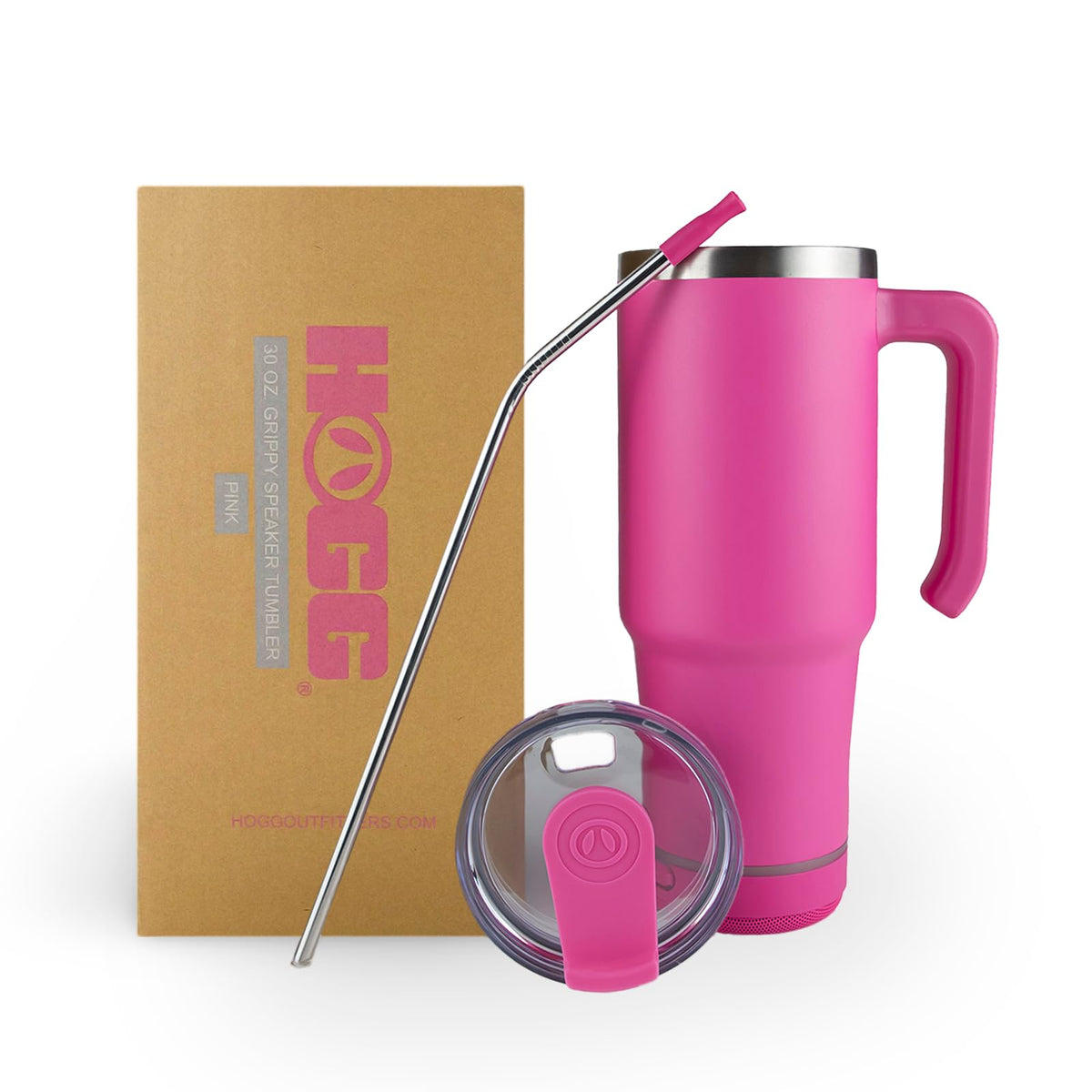 Hogg Grippy pink tumbler with speaker attachment, enjoy portable sound.