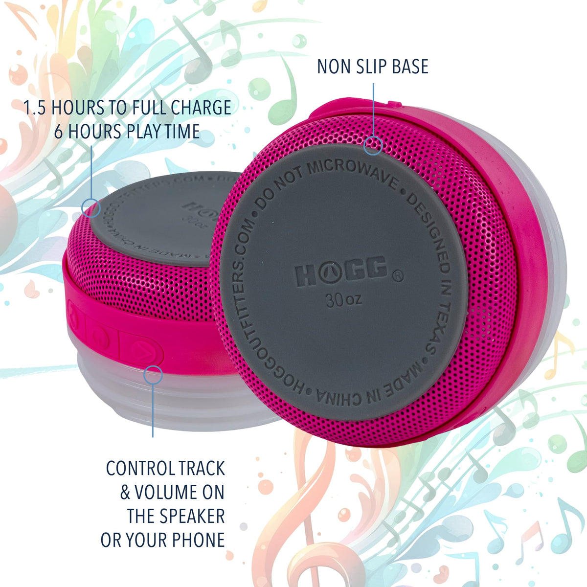 Hogg Grippy pink tumbler with straw, easy hydration with music on the go.