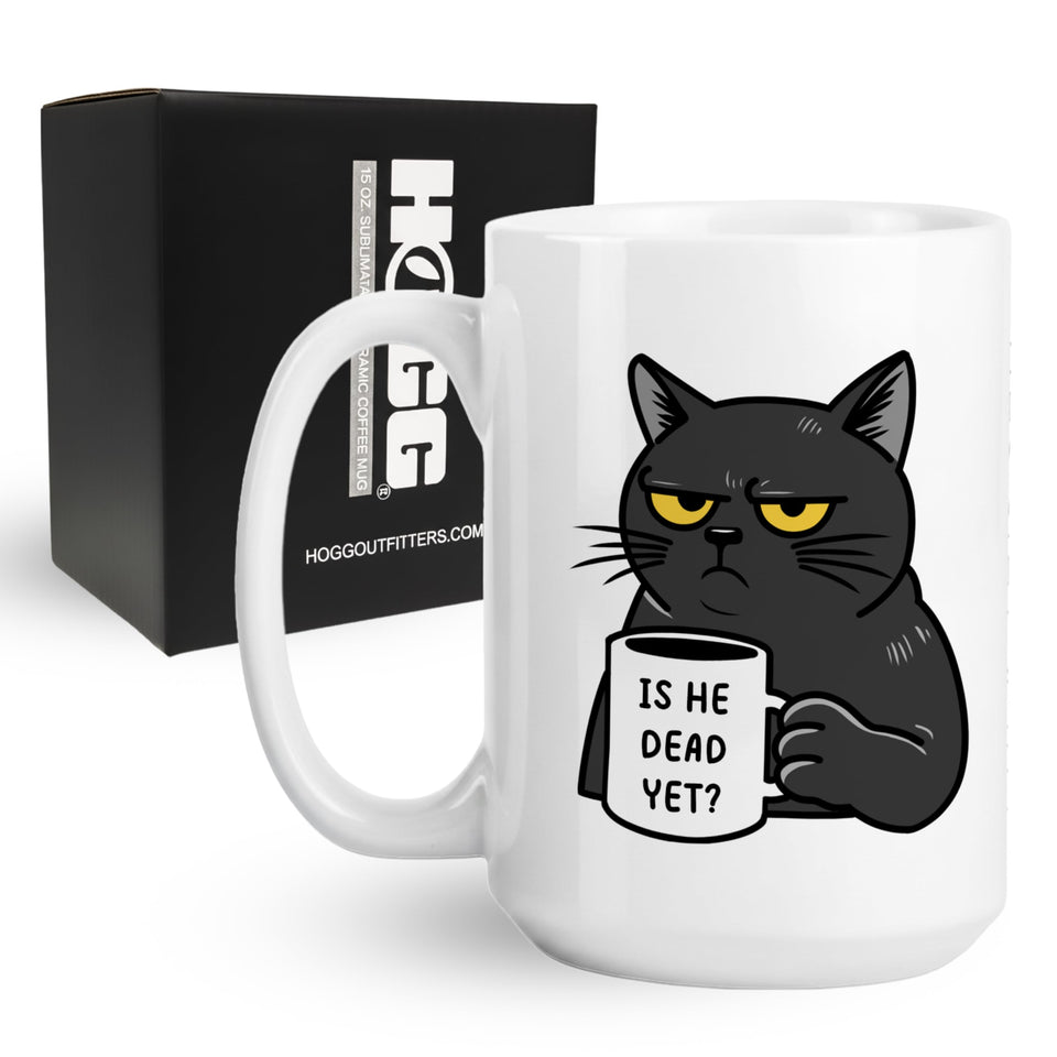Hogg Is He Dead Yet mug, front text view showing bold FDT message for desk coffee.