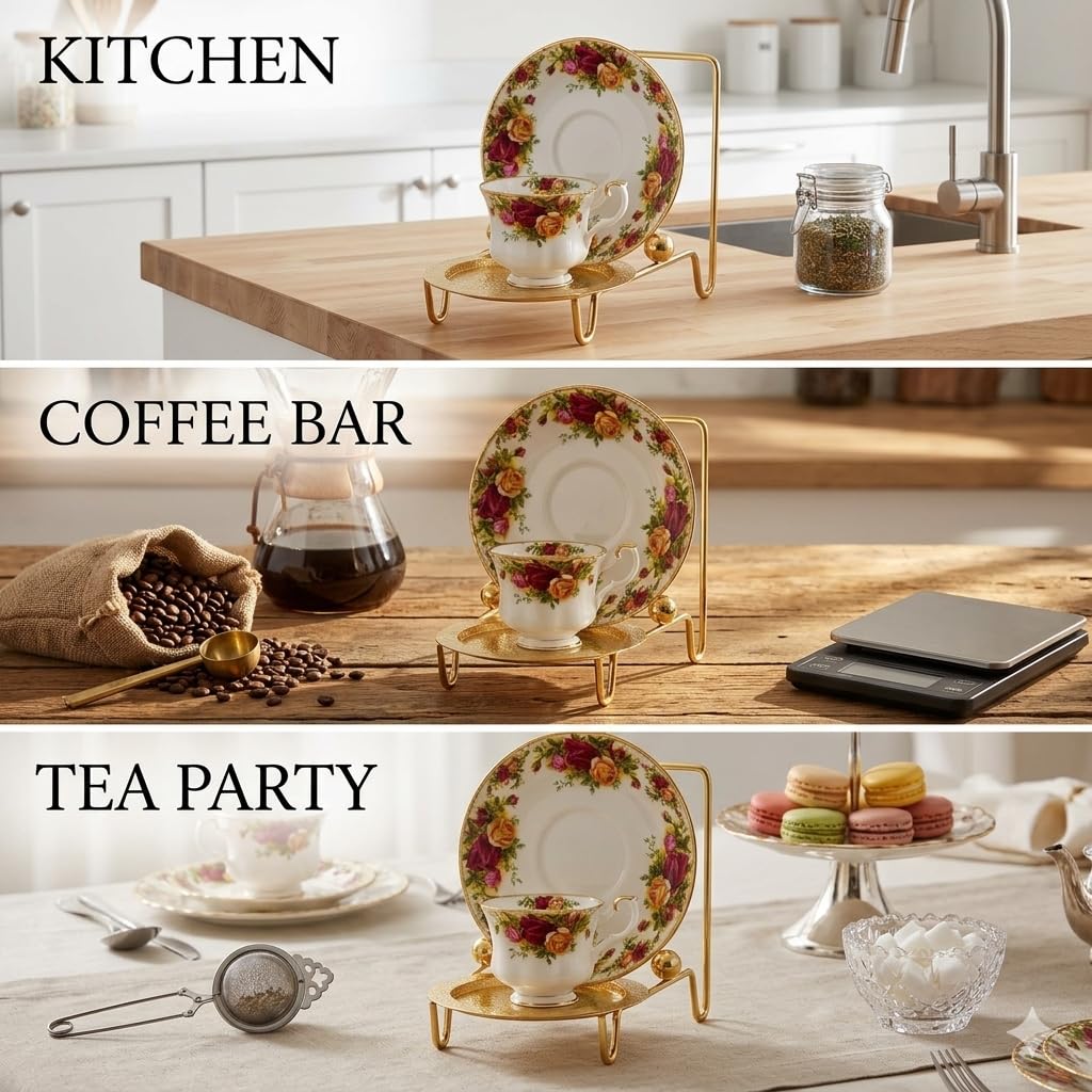 Sturdy metal construction ensures stable support for delicate cups.