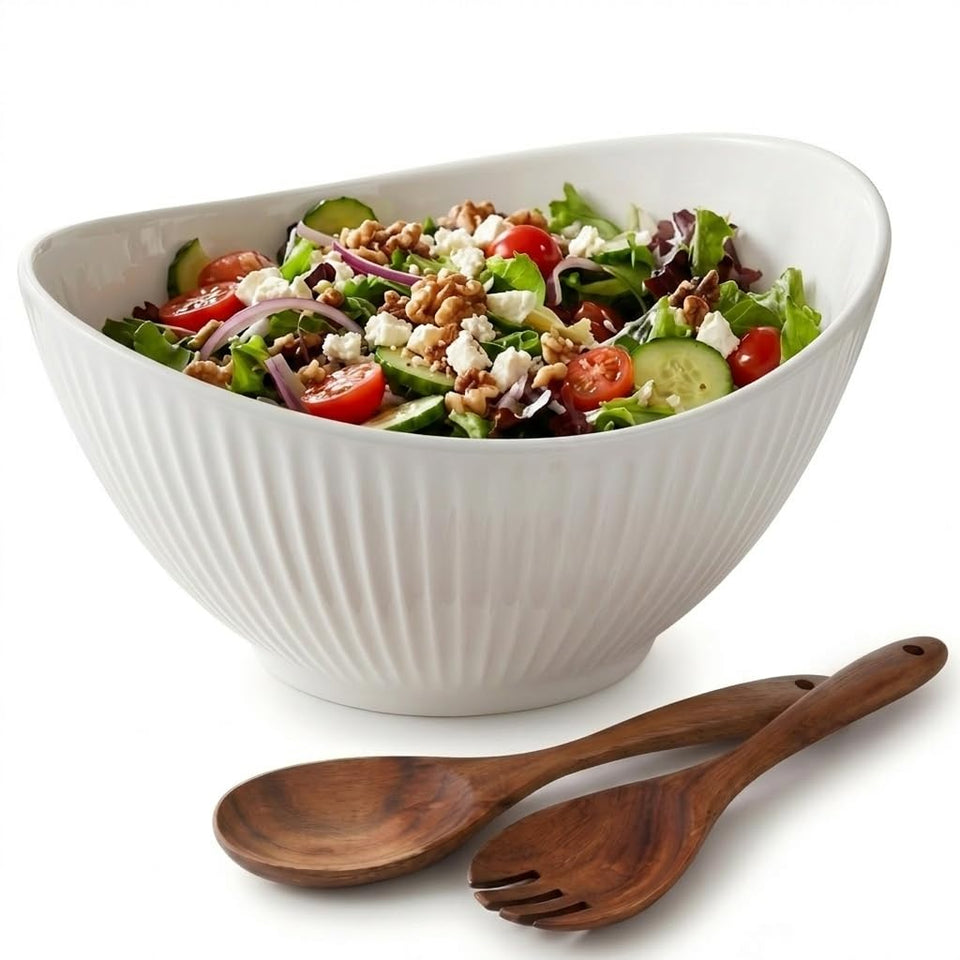 Hoilse 60oz oval white bowl with acacia utensils, ideal for family salads and gatherings.