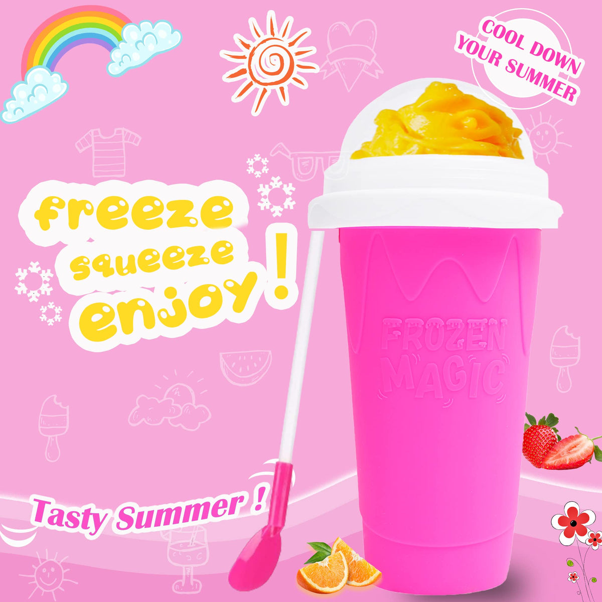 Hoinvaet Magic Slushy Maker freeze instructions illustrate easy pre-freeze for fast, convenient slushies.