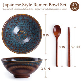 HOKELER ramen bowl set with spoons and chopsticks in peacock green