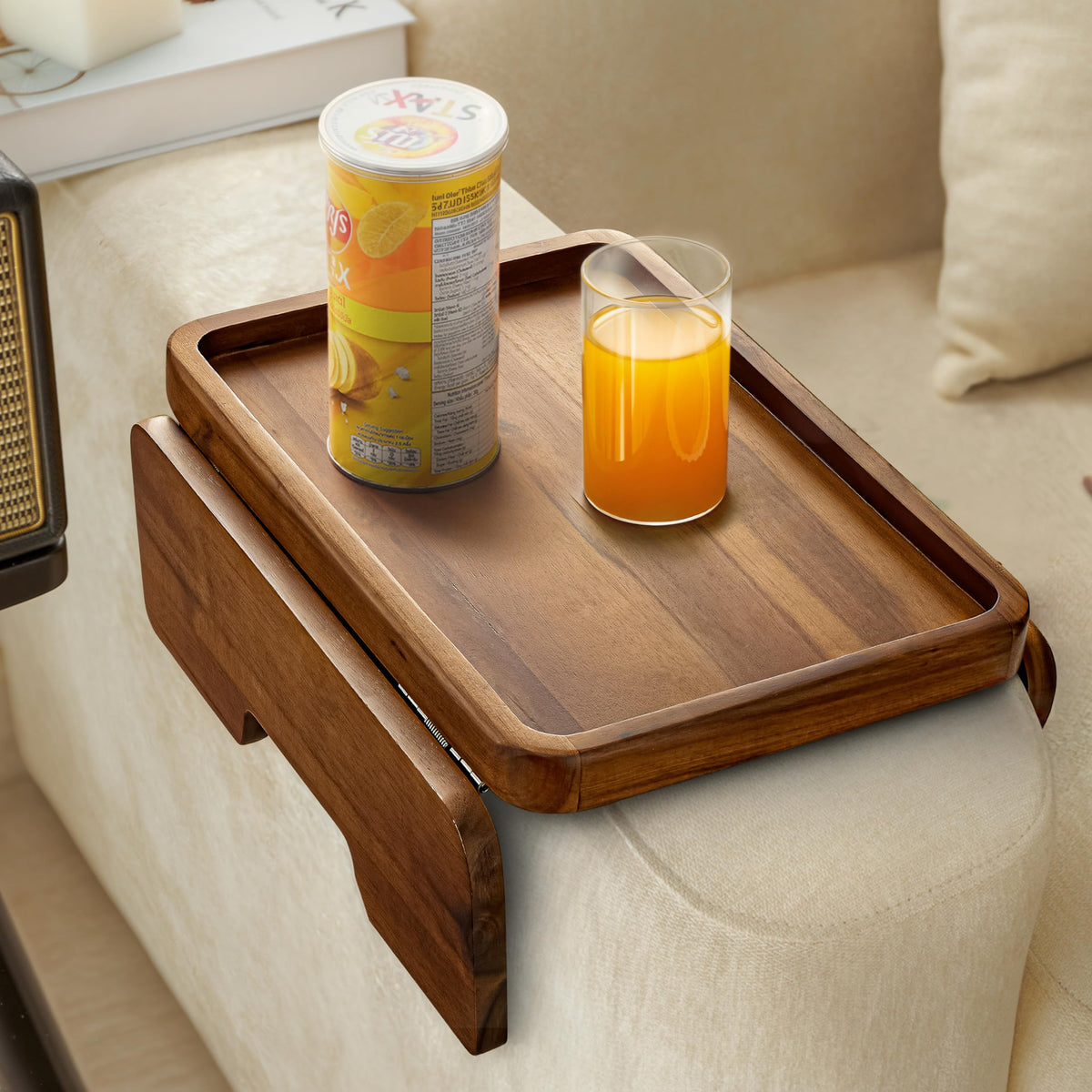 HOLANA acacia wood sofa armrest tray showing stability on wide arms.