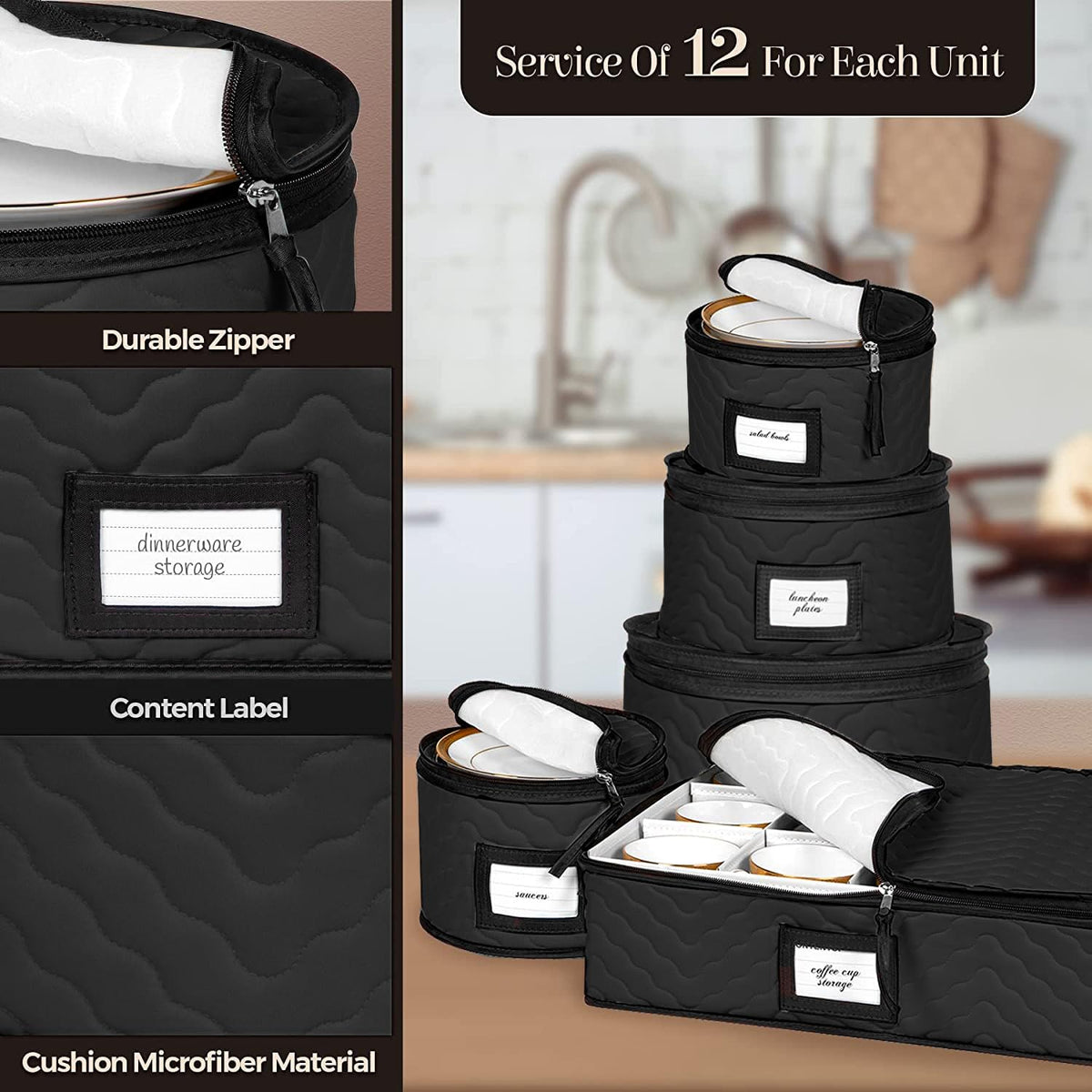 Dinner plate case fits up to 12 inches for organized storage of large plates.