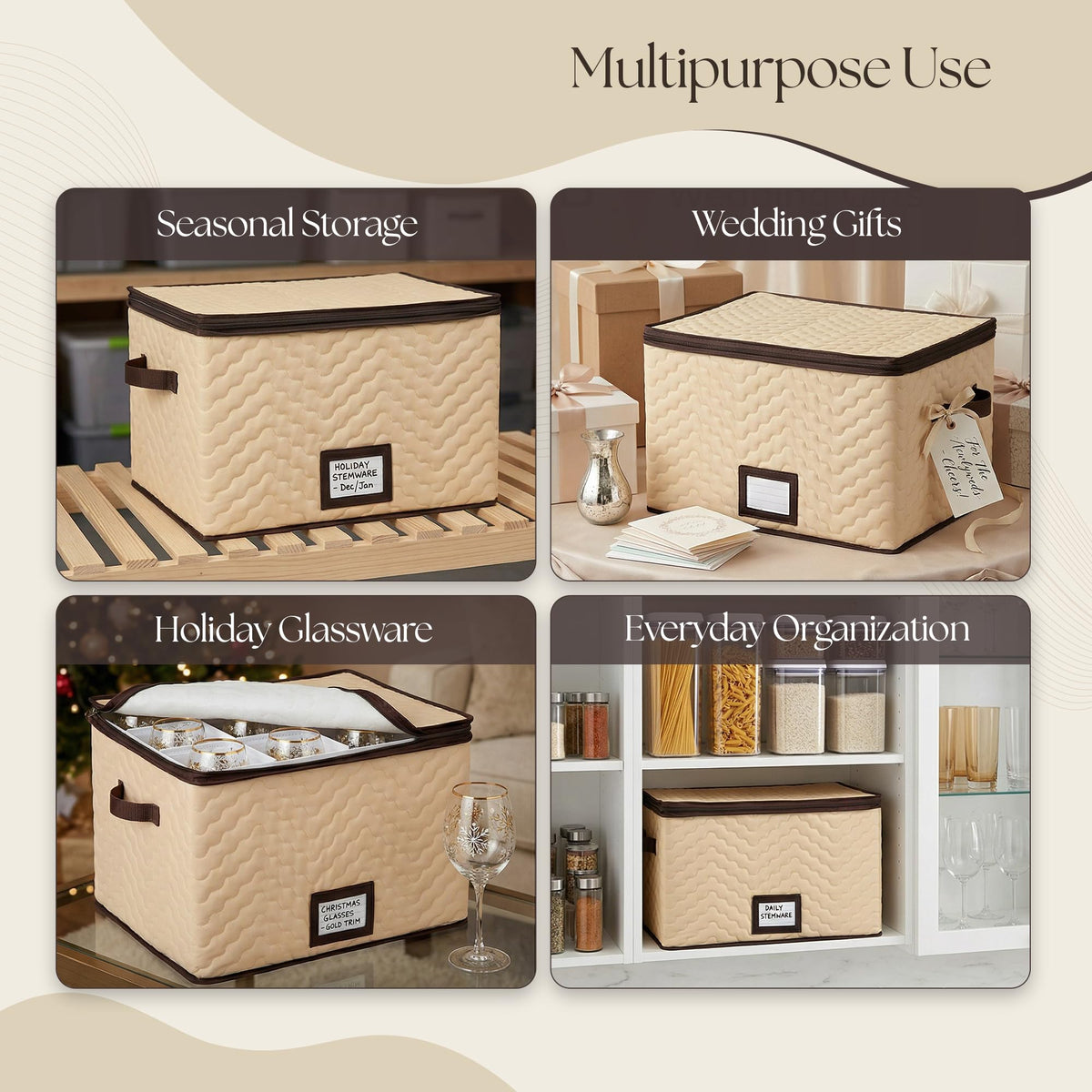 HOLDN STORAGE durable microfiber cover shields stemware from dust.