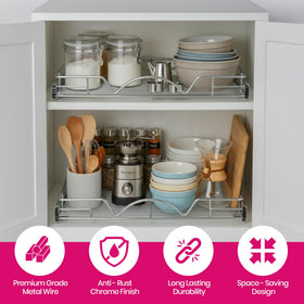 HOLDN’ STORAGE heavy-duty 50-pound capacity supports pots and bakeware.