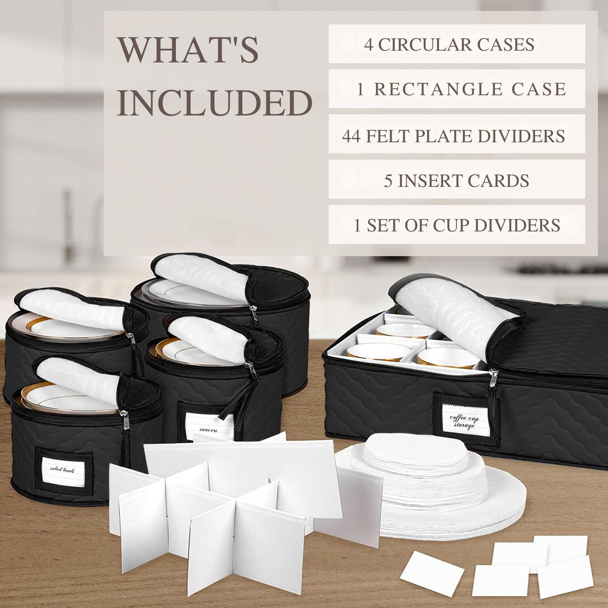 Protective plate liners guard delicate dinnerware surfaces during storage.