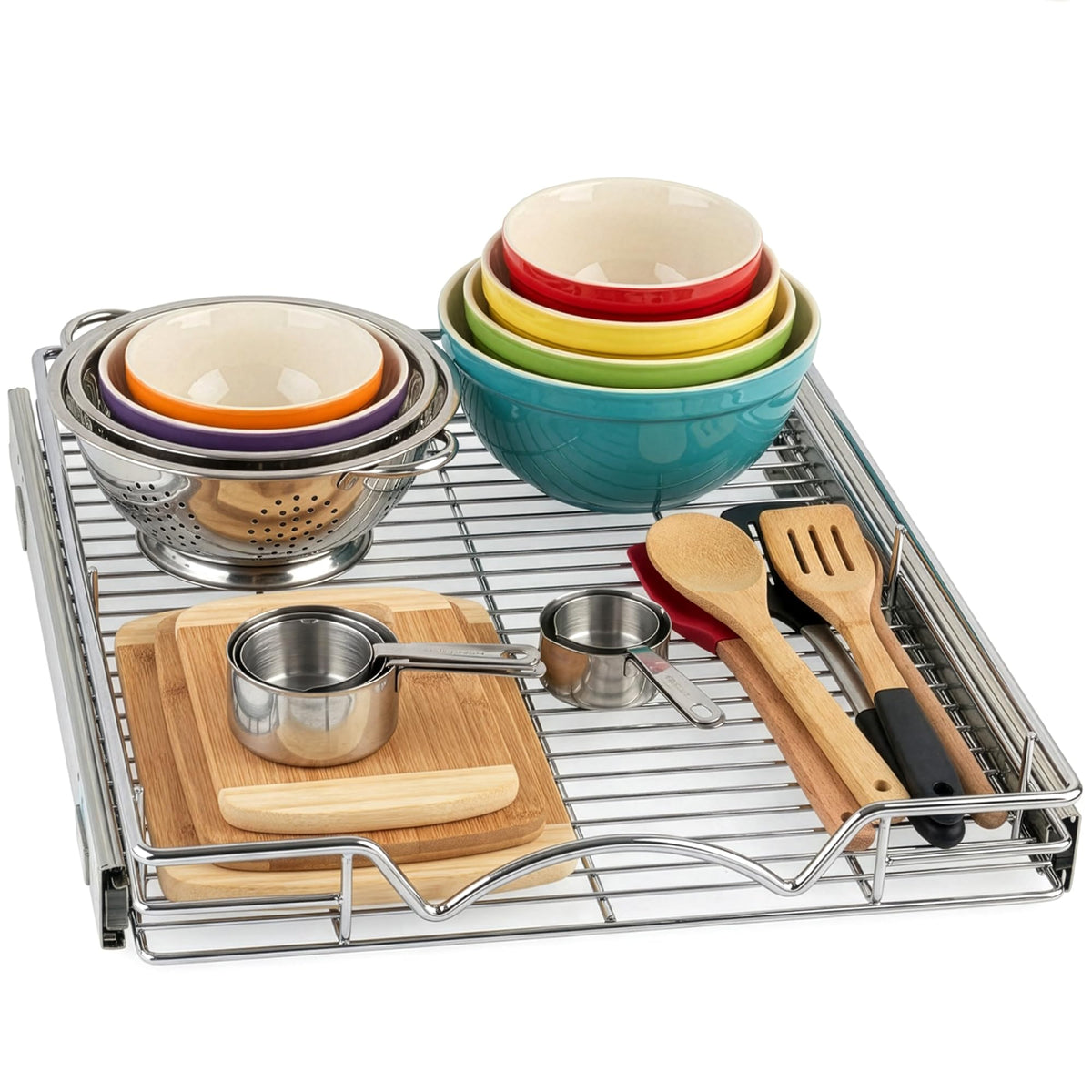 HOLDN’ STORAGE pull-out cabinet organizer in chrome, front view showing accessible design