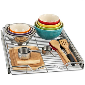 HOLDN’ STORAGE pull-out cabinet organizer in chrome, front view showing accessible design